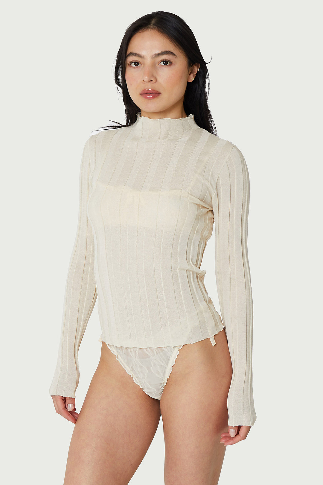 Find Me Now - Second Skin - Wide Ribbed Knit Mock Neck Top - Ecru