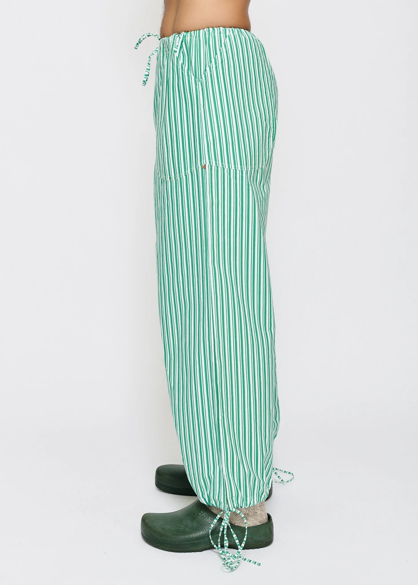 Marsh - Drawstring Pant - Cotton Ripstop, Green / White Stripe