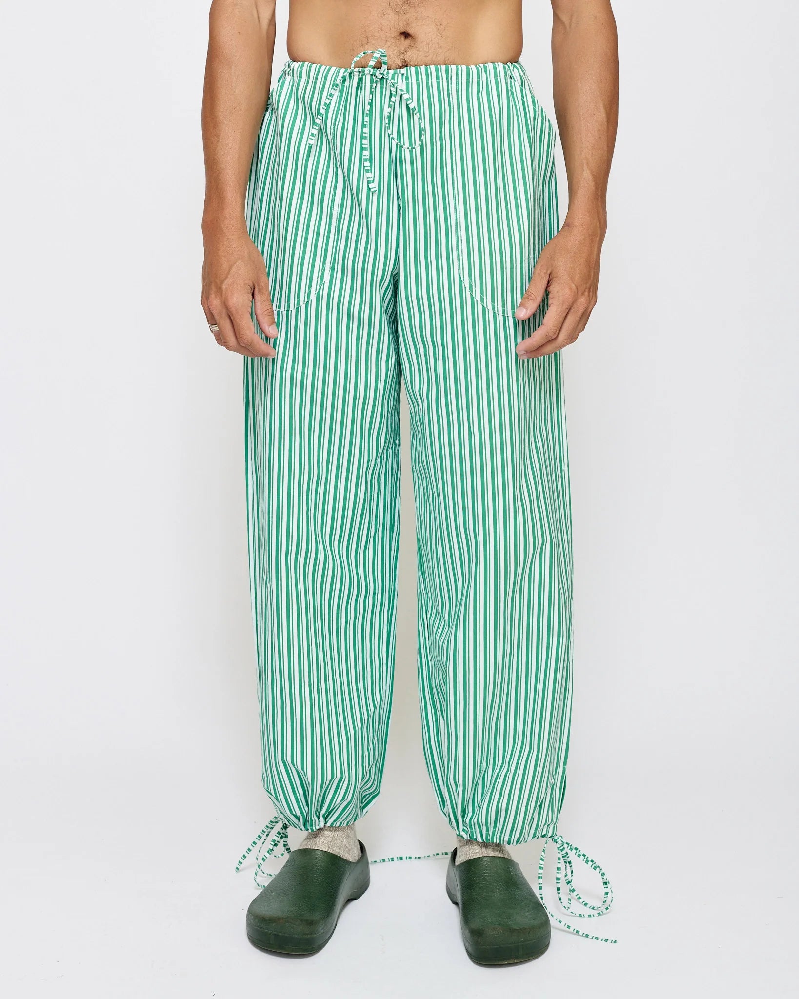 Marsh - Drawstring Pant - Cotton Ripstop, Green / White Stripe