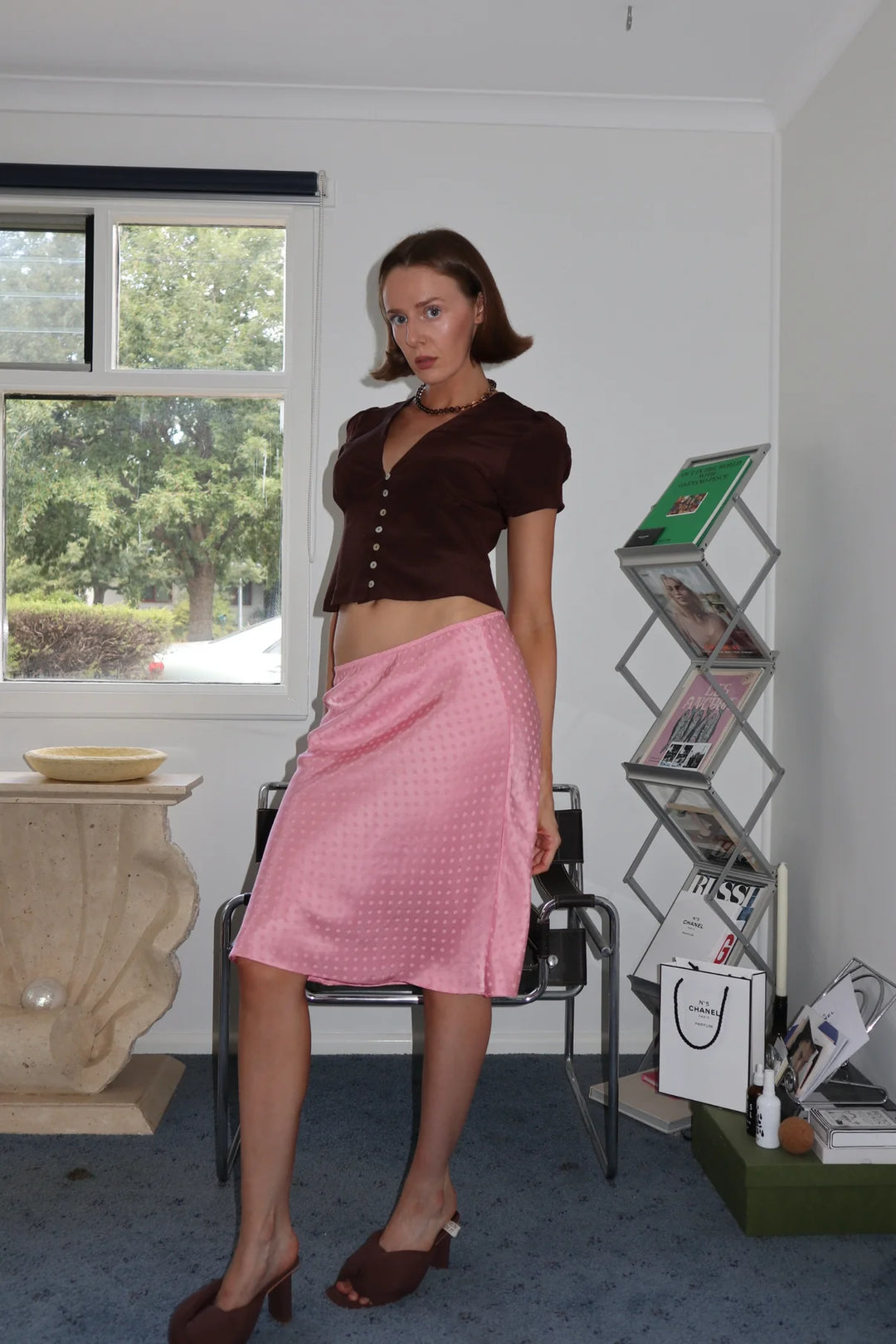 OLGA JOAN - BIAS KNEE SKIRT - JACQUARD ROSA