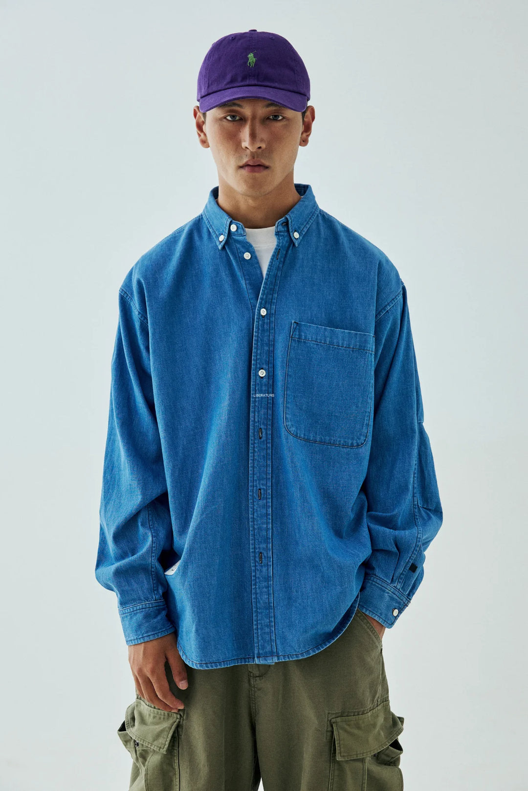 LIBERATURS - DENIM LS BUTTON SHIRT - MID BLUE