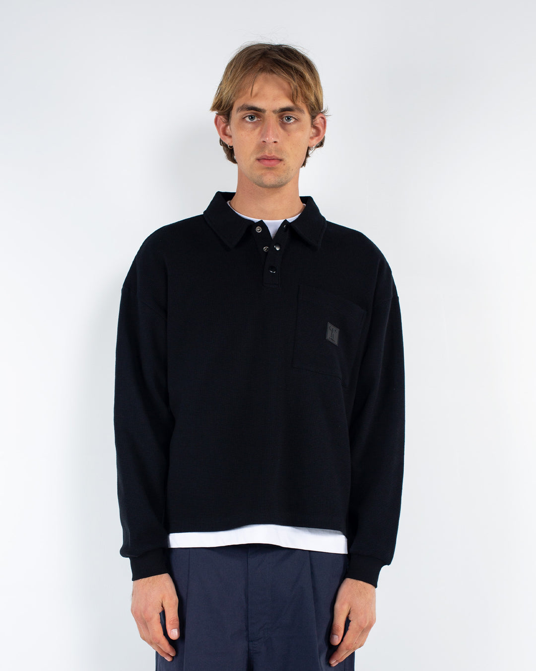 Candice - Long Sleeve Waffle Knit Polo - Black