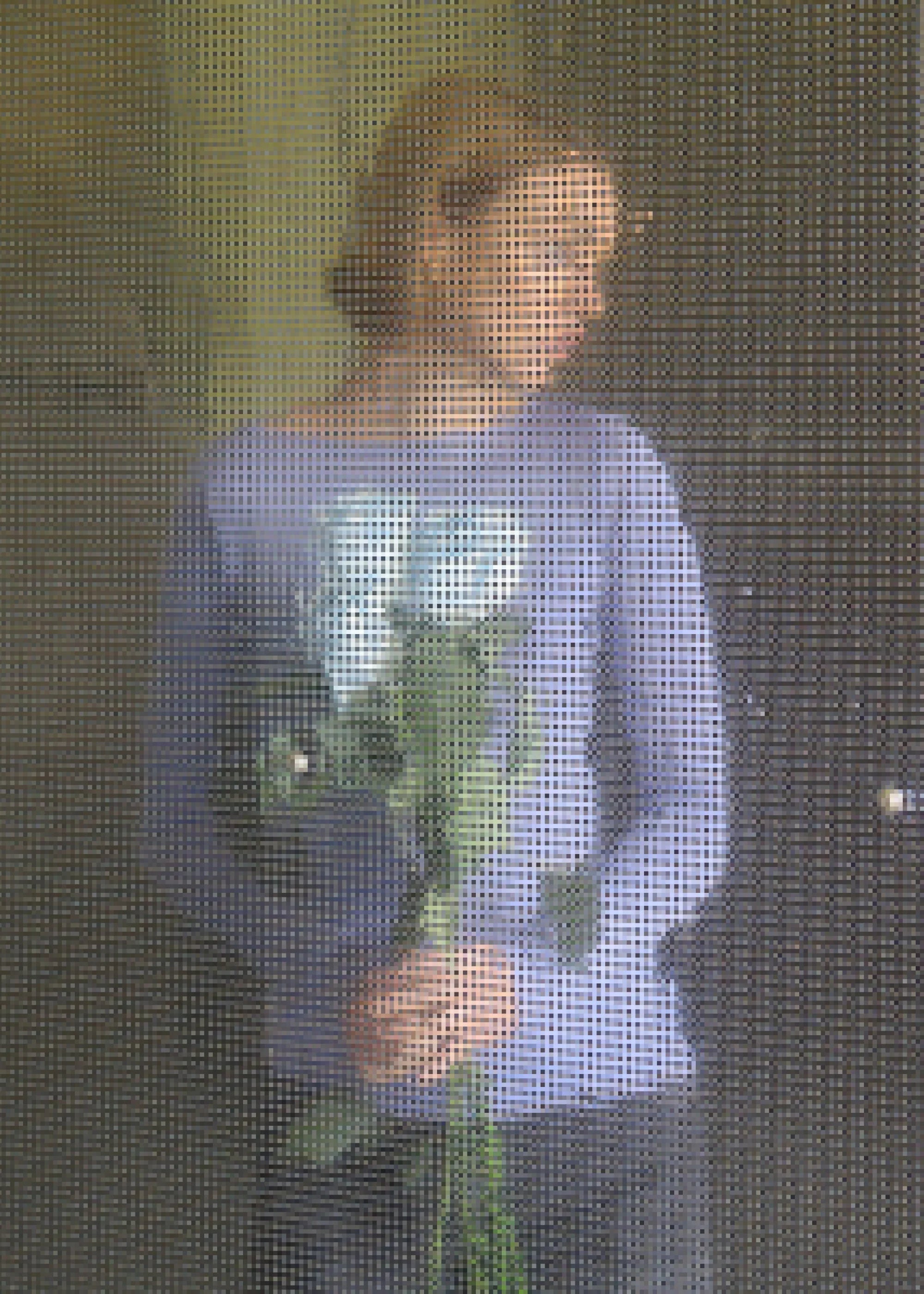 woman wearing permanent vacation connection long sleeve top in blue rose - holding flowers through a textured screen