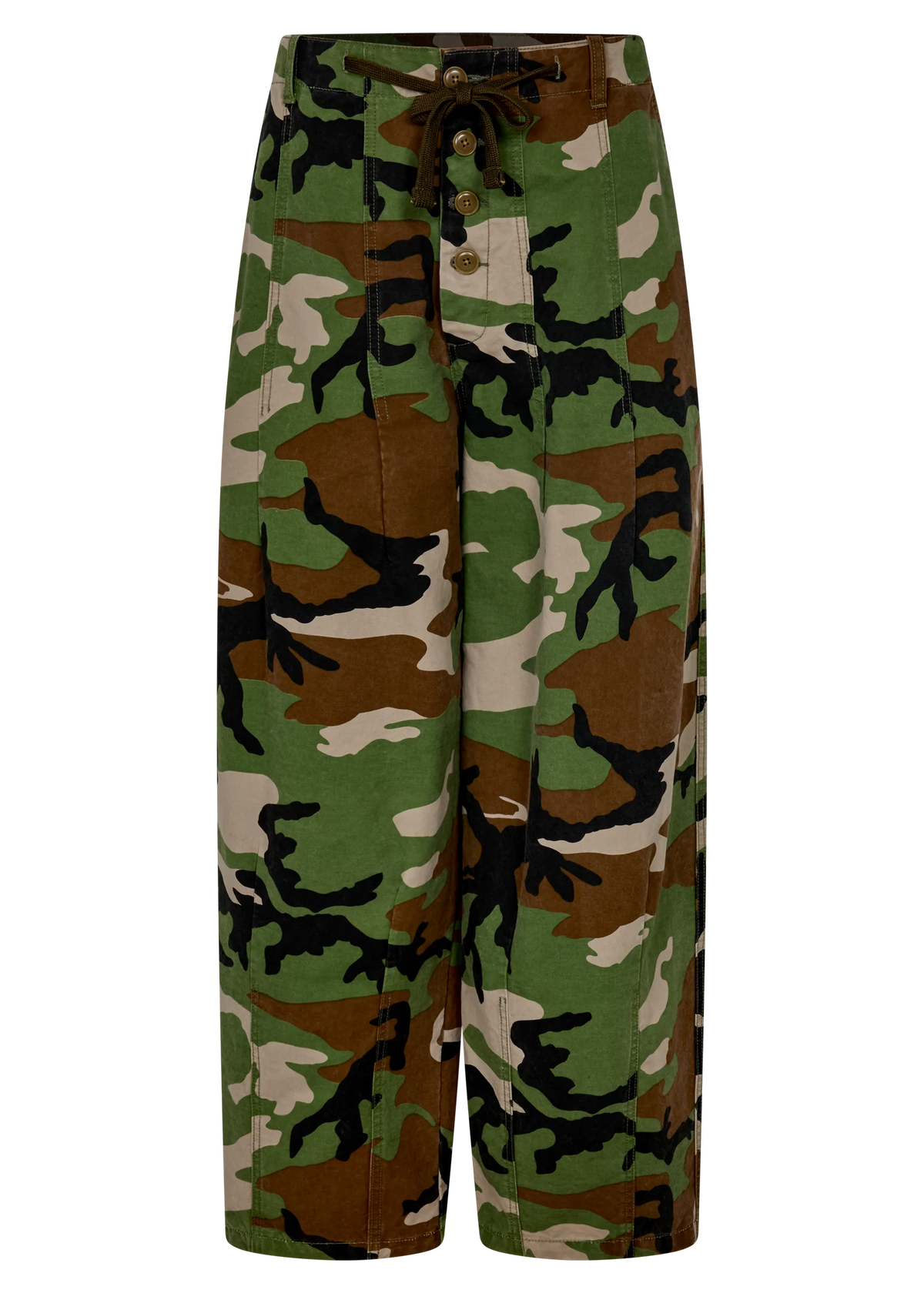 kinga csilla camuffare camo pallet pants with button fly and drawcord