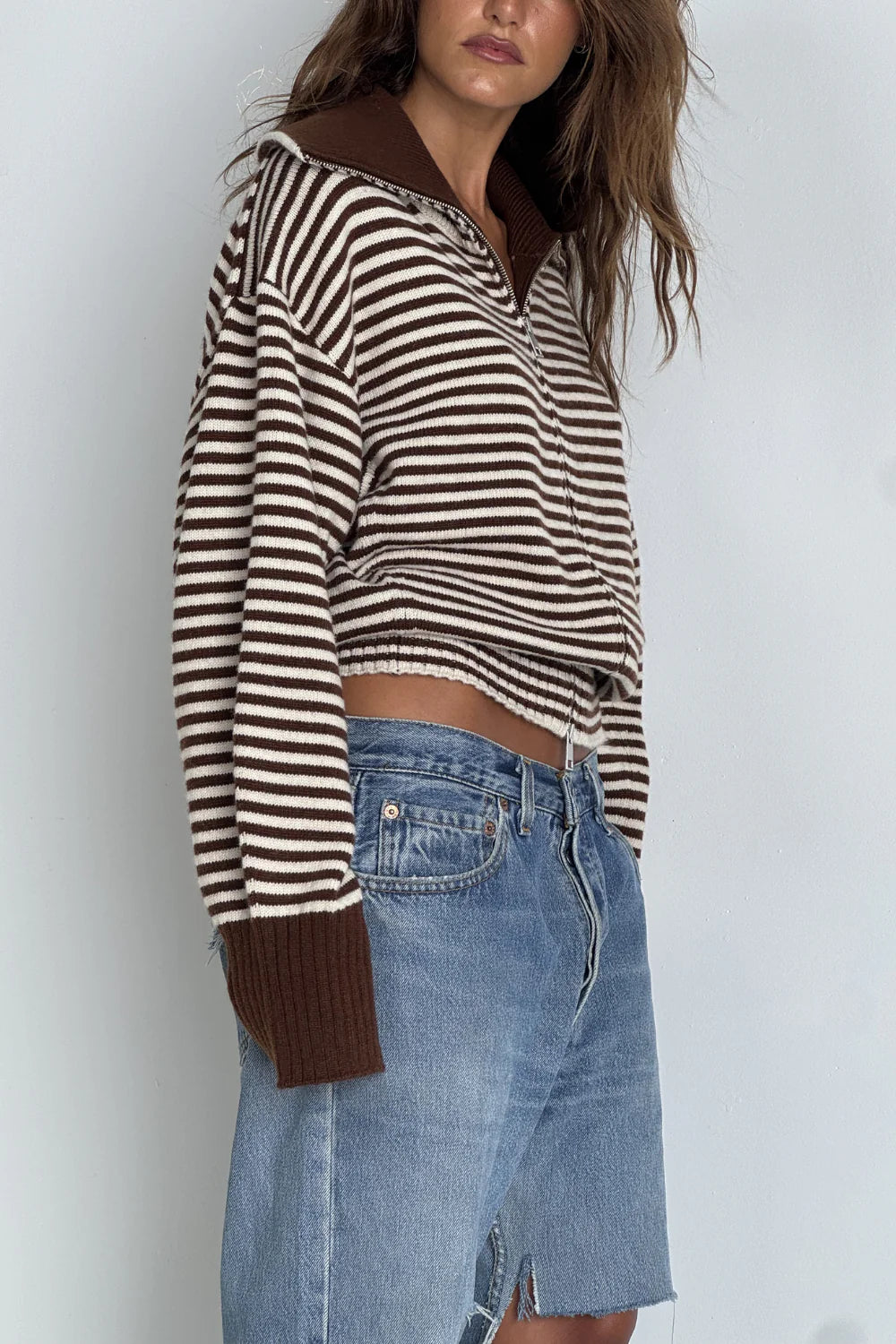 Pinky & Kamal - Fold Down Zipper Knit - Dark Brown/ Cream