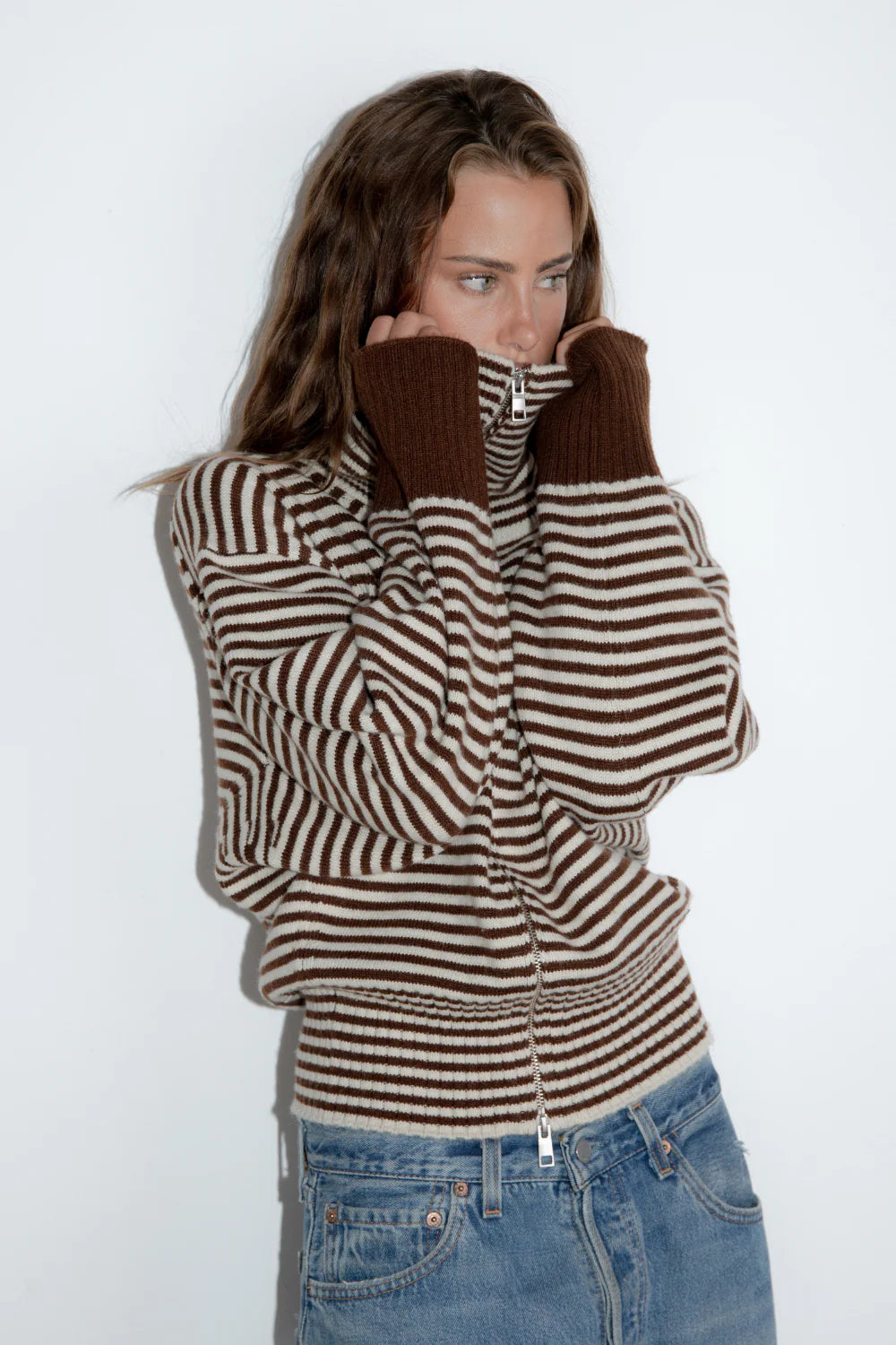 Pinky & Kamal - Fold Down Zipper Knit - Dark Brown/ Cream