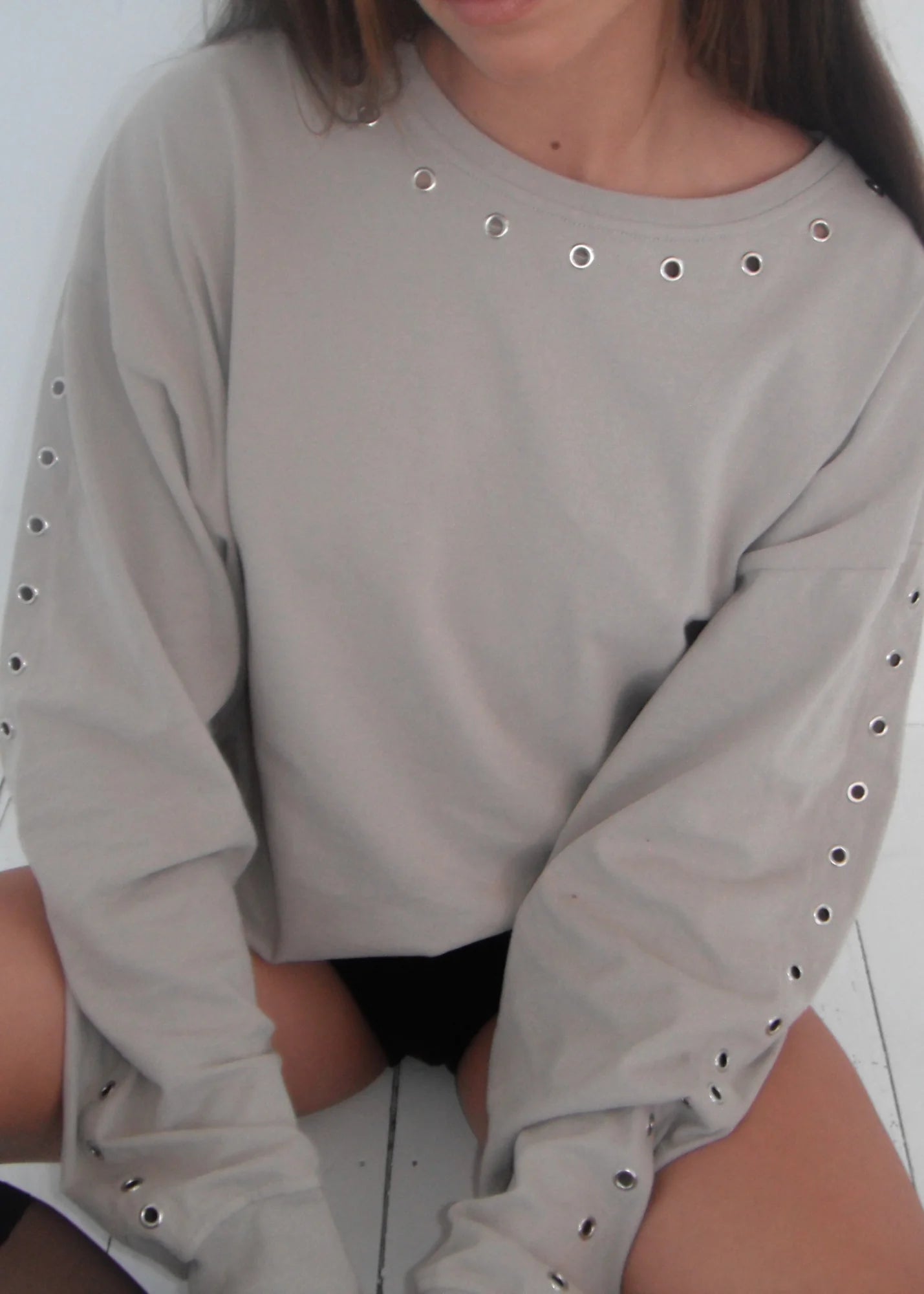 Pinky & Kamal - Long Sleeve Eyelet Top - Graphite