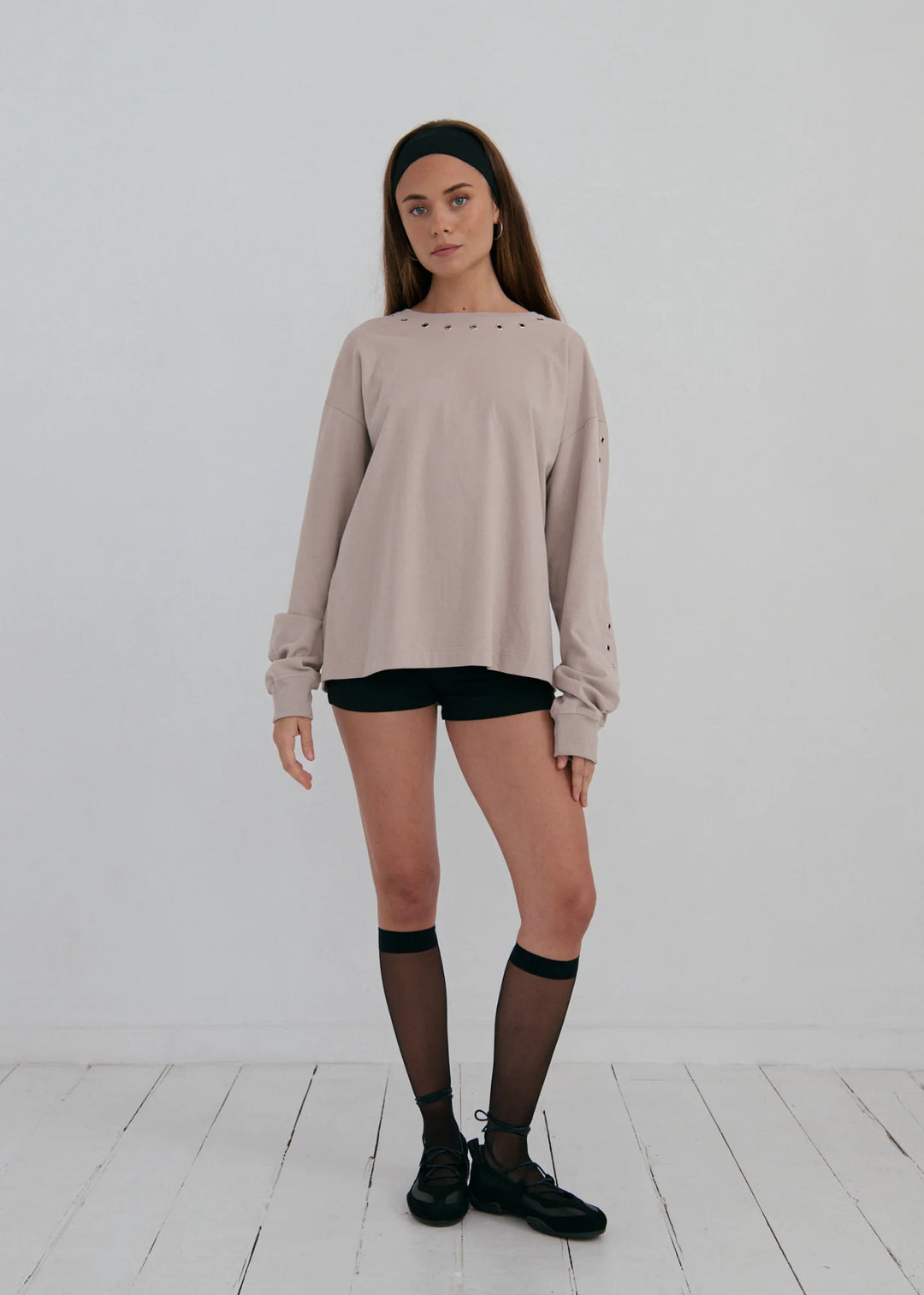 Pinky & Kamal - Long Sleeve Eyelet Top - Graphite