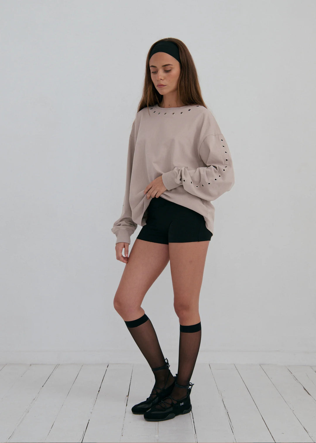 Pinky & Kamal - Long Sleeve Eyelet Top - Graphite