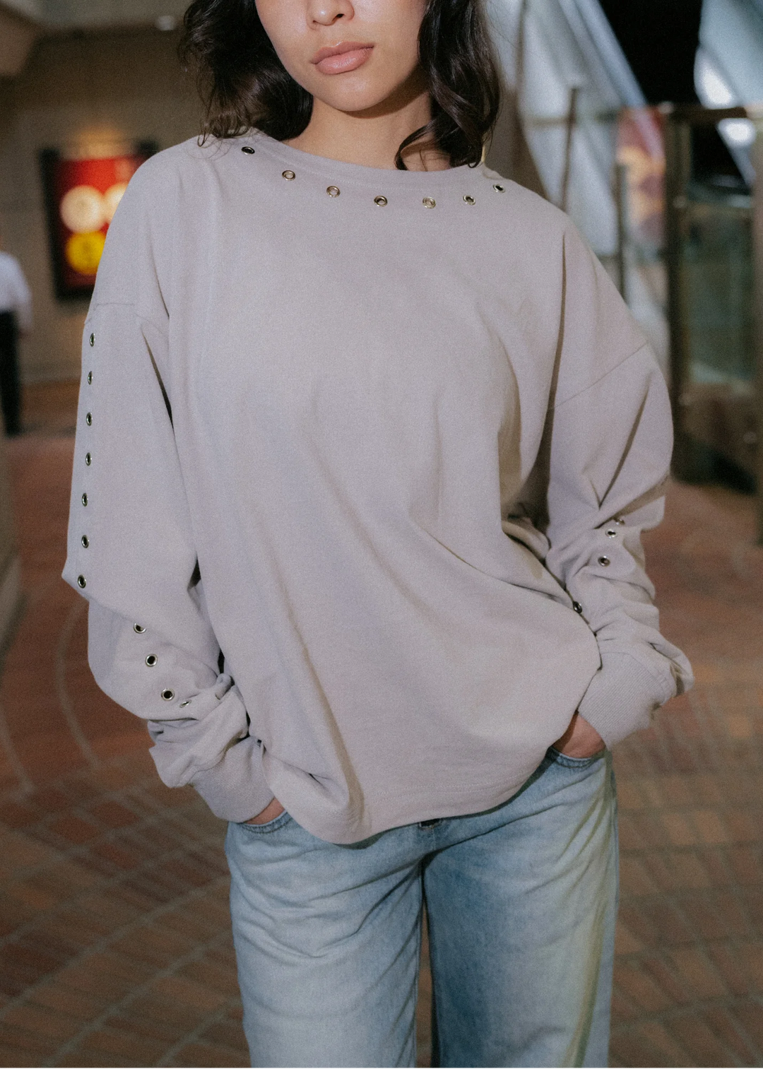 Pinky & Kamal - Long Sleeve Eyelet Top - Graphite